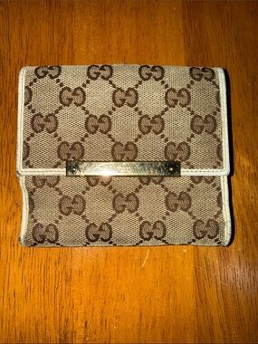 Gucci Beige and Brown GG Canvas Small Wallet with Gold Plate